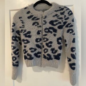 Fuzzy Gray and Navy Leopard Zip Sweater